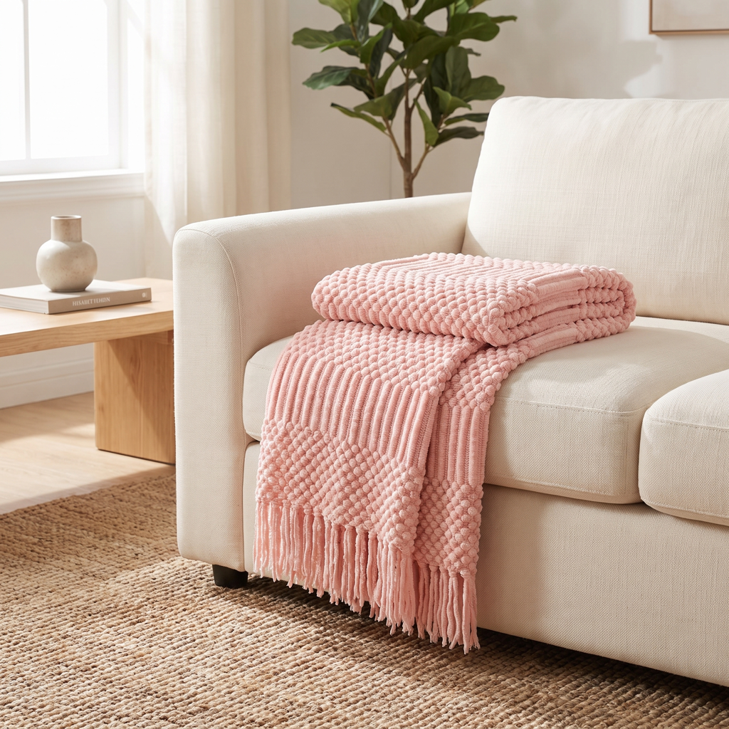 Pink chunky knit throw blanket with fringe on a sofa