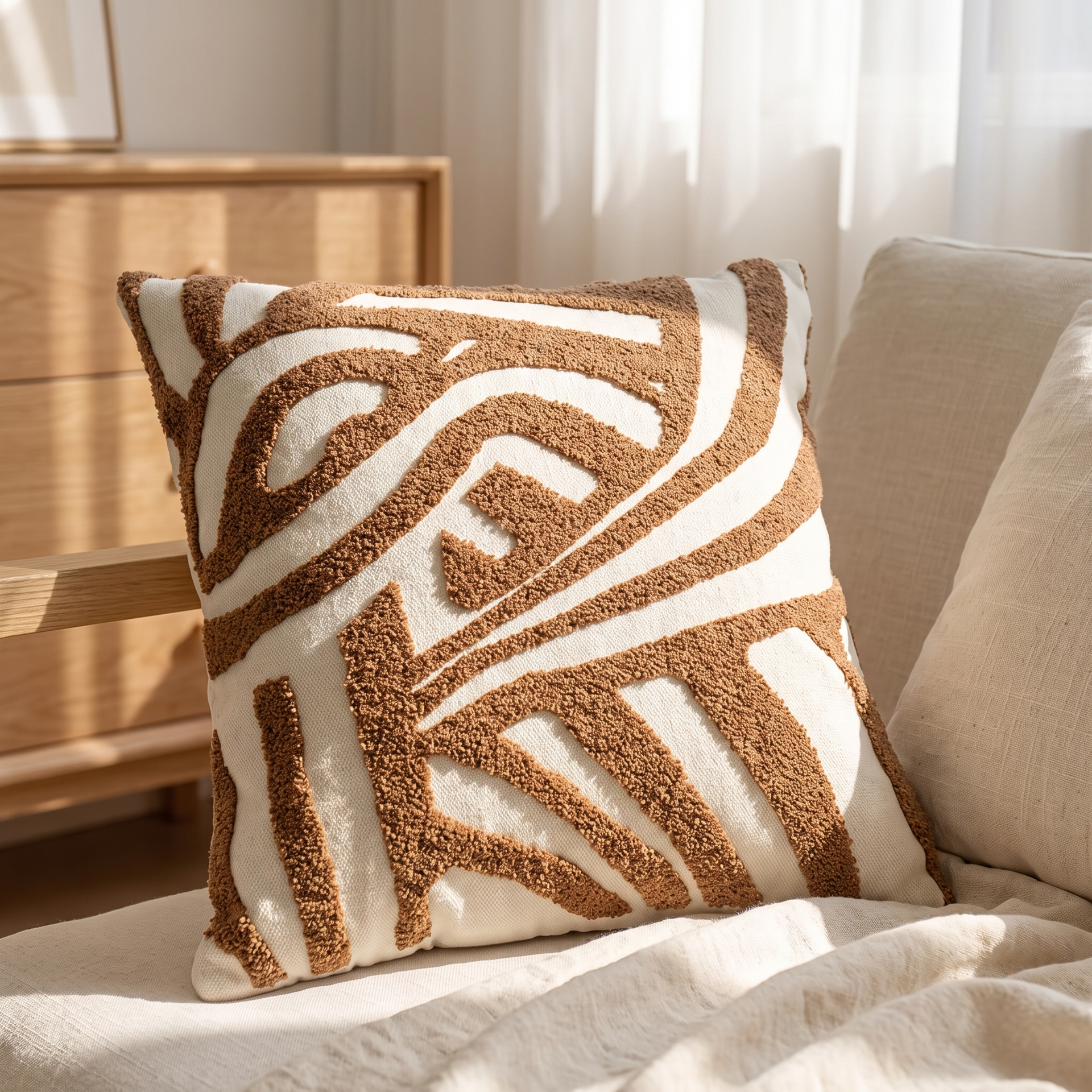 Neutral cushion cover layered with oatmeal and taupe pillows