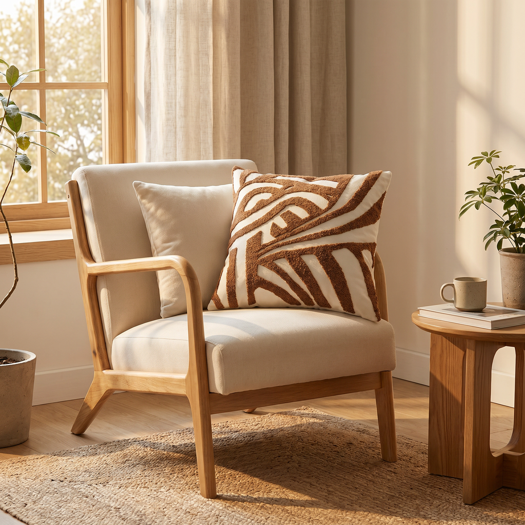 Nordic knit pillow cover styled on a reading chair by a window