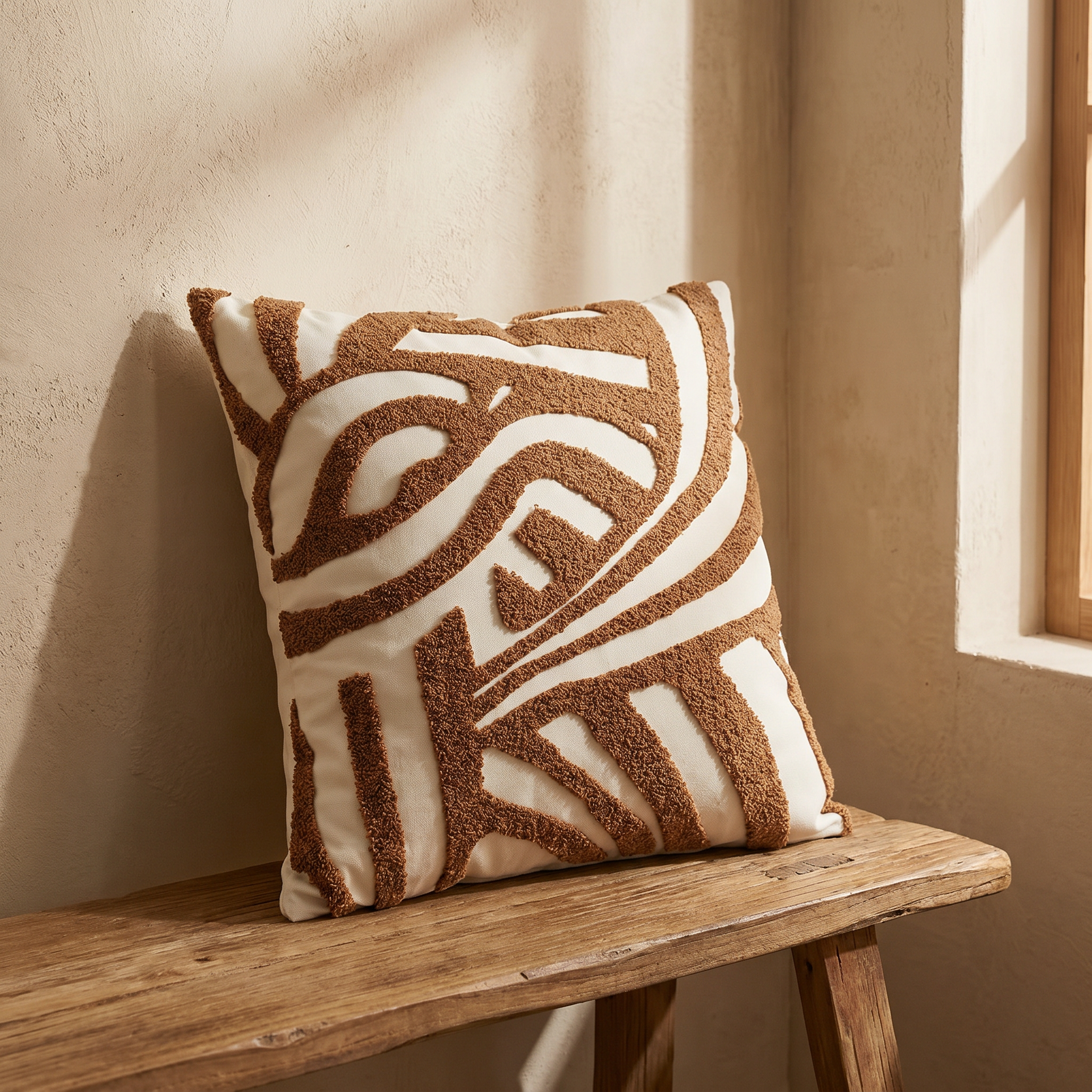 Cream throw pillow cover on a bed with a textured throw blanket