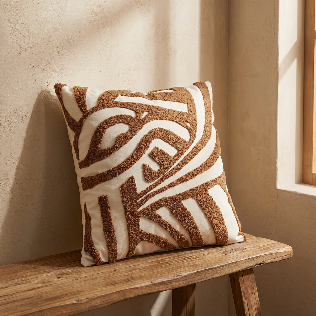 Cream throw pillow cover on a bed with a textured throw blanket