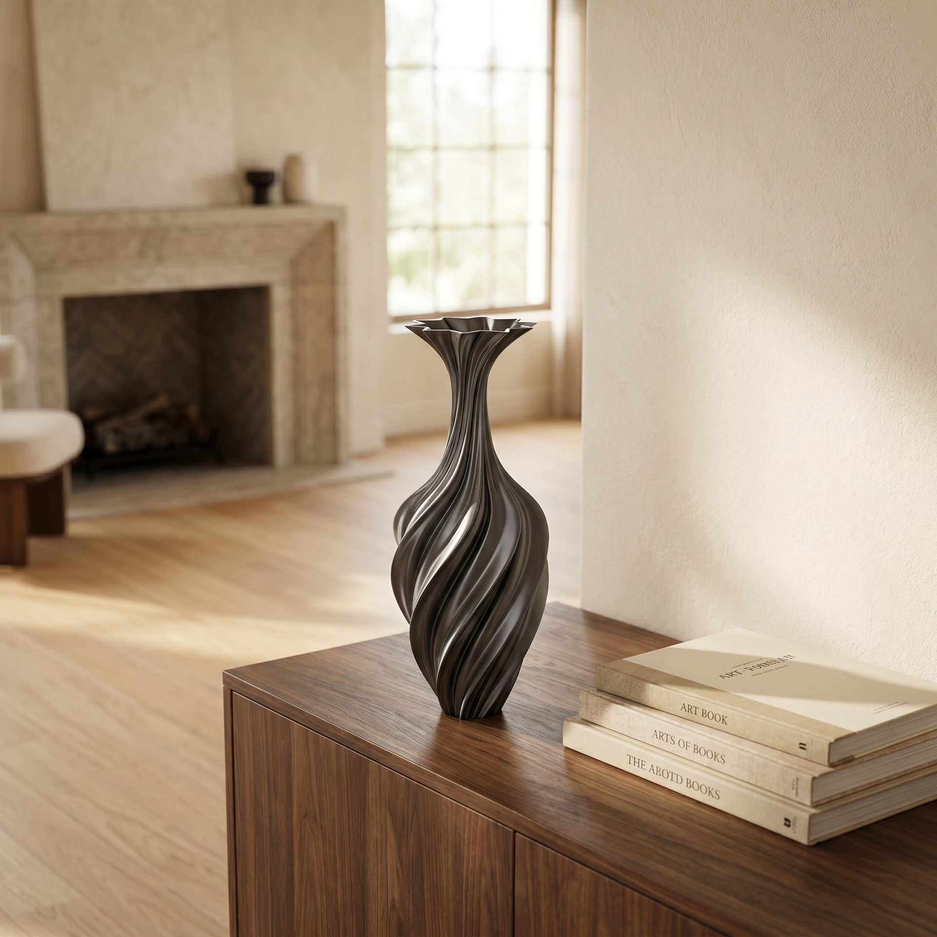 Black metal swirl vase holding white roses on a console