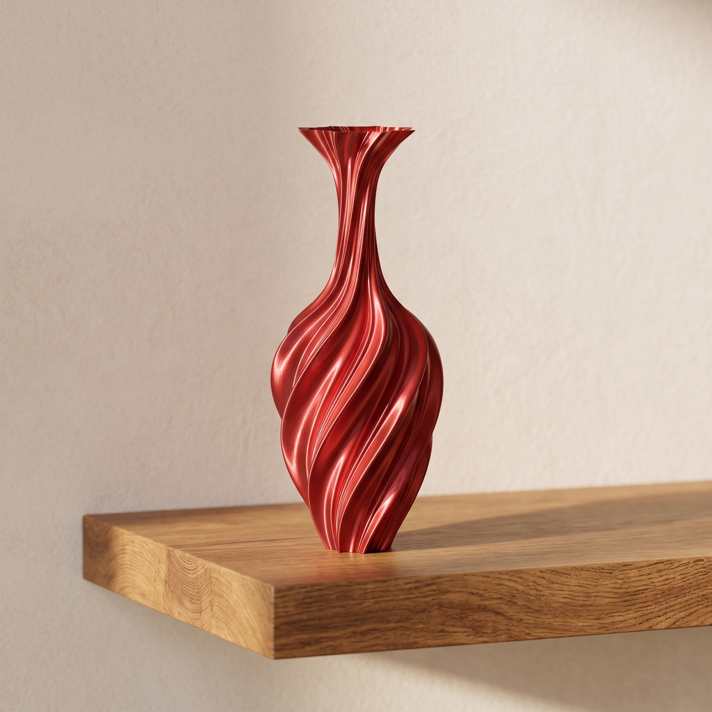 Red metal swirl vase with fluted rim on a black stool