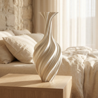 White Nordic metal swirl vase with spiral ridges on a round table