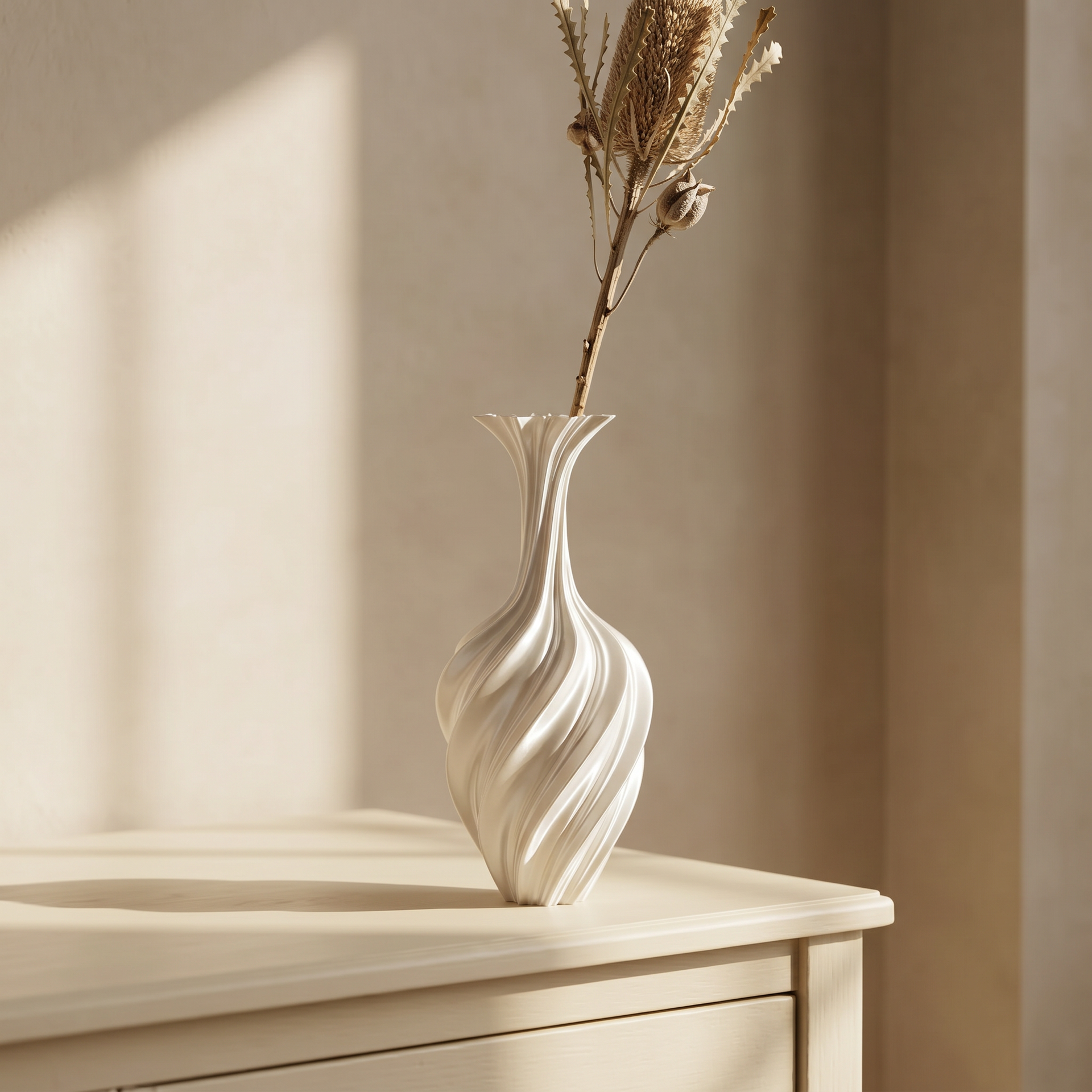 Hand holding the white metal swirl vase to show its slim scale