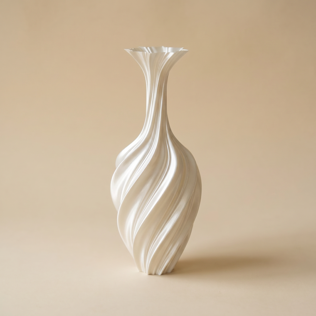 White sculptural swirl metal vase casting a soft shadow in sunlight