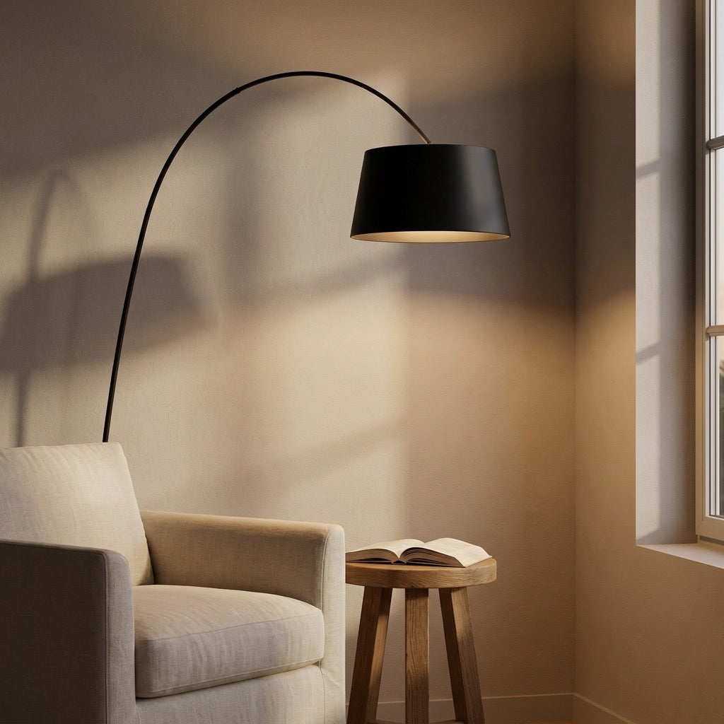 Full view of the slim matte-black arc floor lamp with its continuous curved arm and disc base