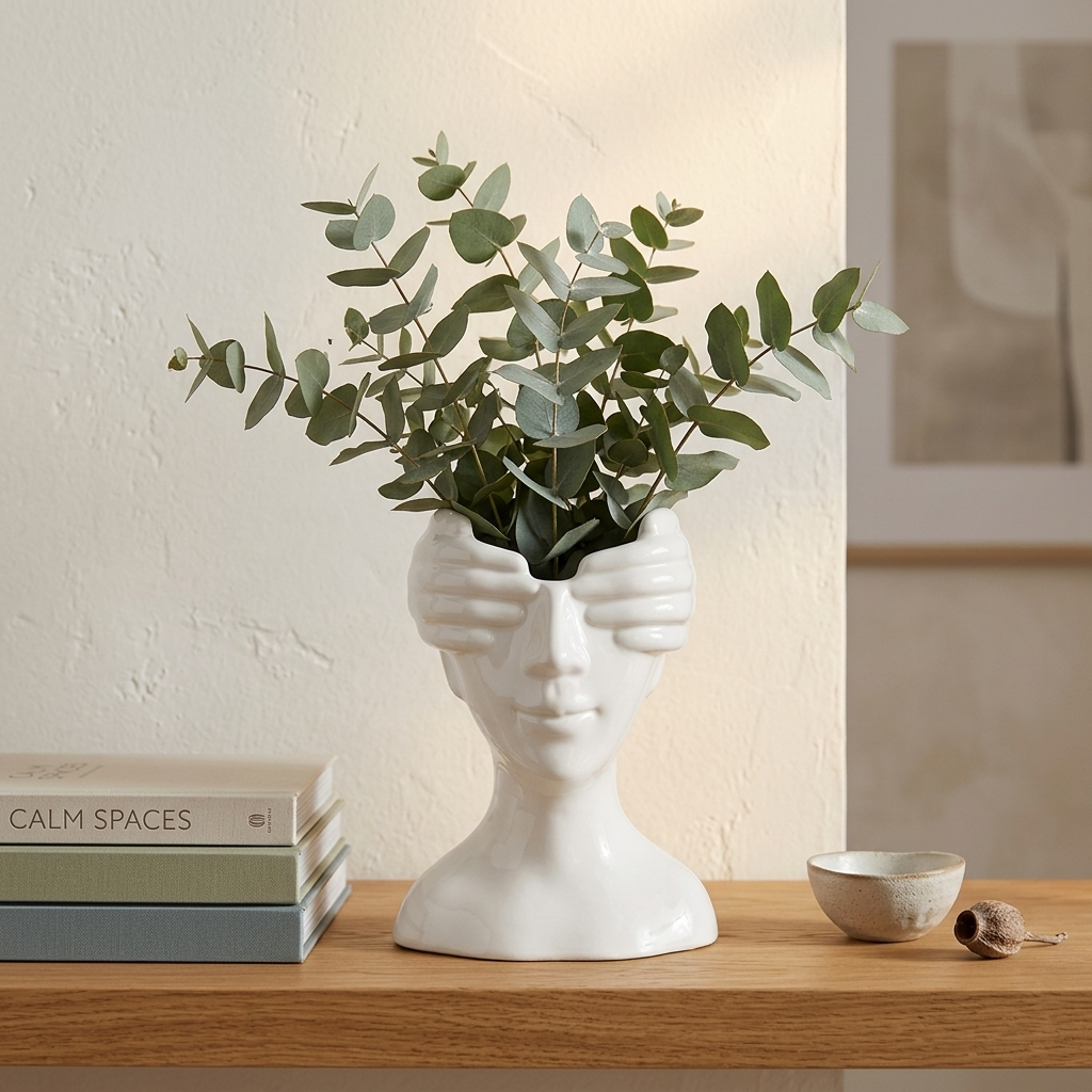 White ceramic face vase with eucalyptus sprigs styled on an open wooden shelf