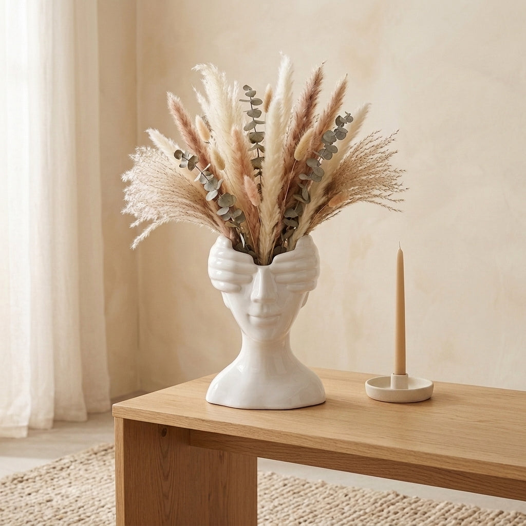 White ceramic face vase holding dried pampas and eucalyptus on a living room console table