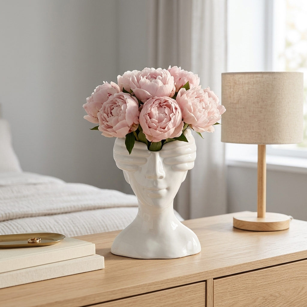 White ceramic face vase holding blush peonies on a bedroom dresser