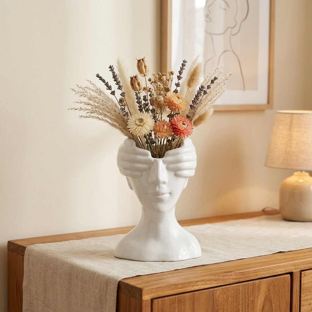 White ceramic face vase holding dried wildflowers on a wooden dining sideboard