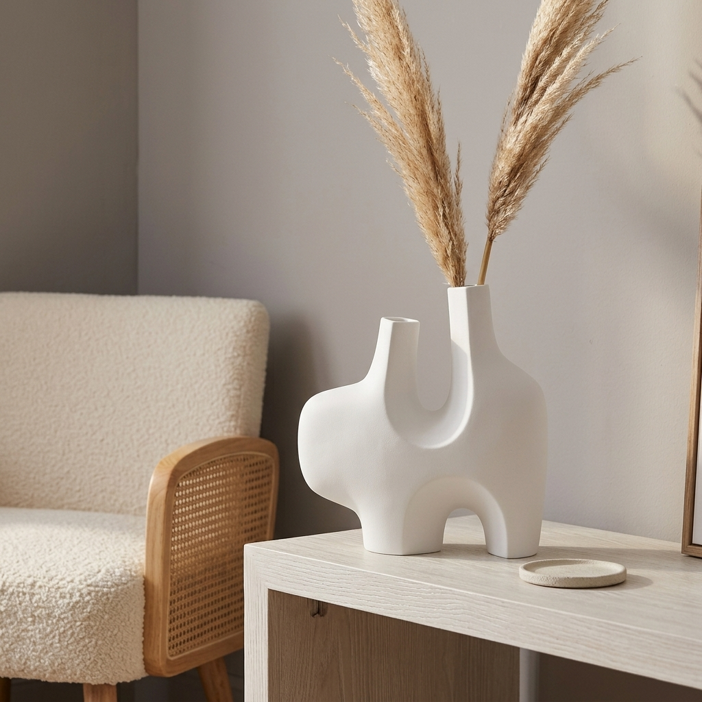 White Abstract ceramic vase with a two-prong sculptural silhouette holding pampas on a light-wood console