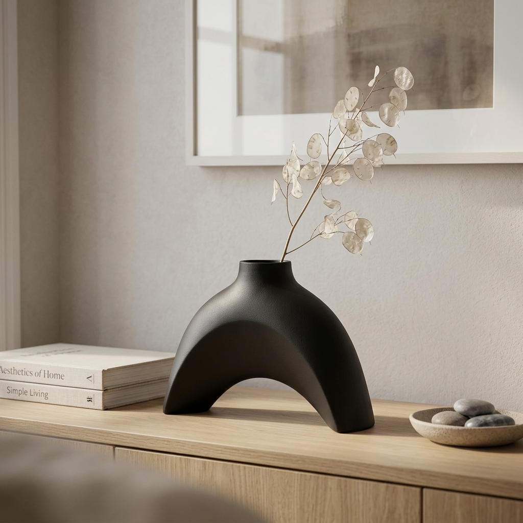 Black U-shape (arch) ceramic vase holding dried lunaria stems on an oak sideboard