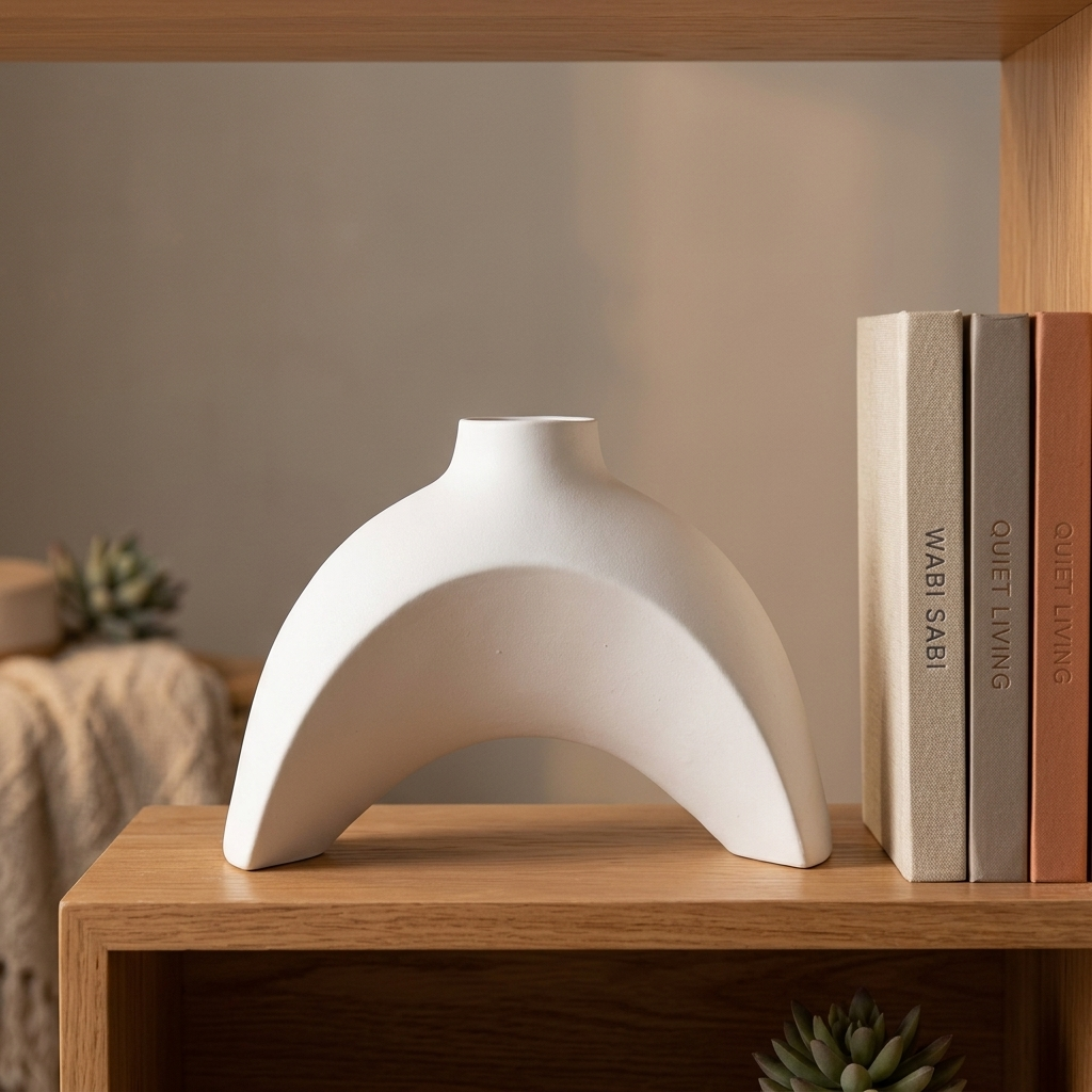 White U-shape (arch) ceramic vase styled on an open oak shelf