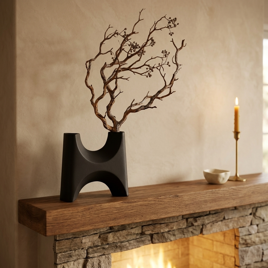 Black H-shape (bridge) ceramic vase with a dried branch on a wood mantel