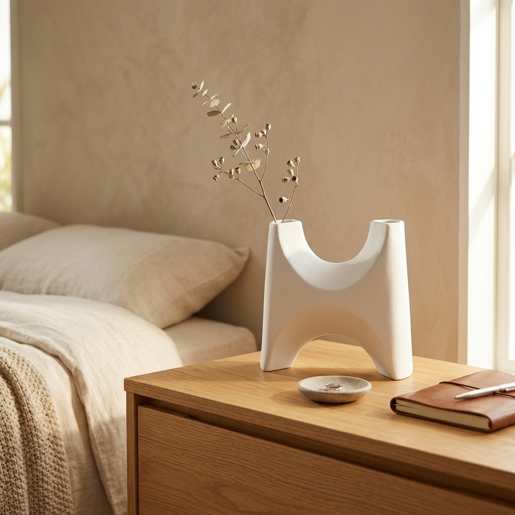 White H-shape (bridge) ceramic vase with dried stems on a bedroom nightstand