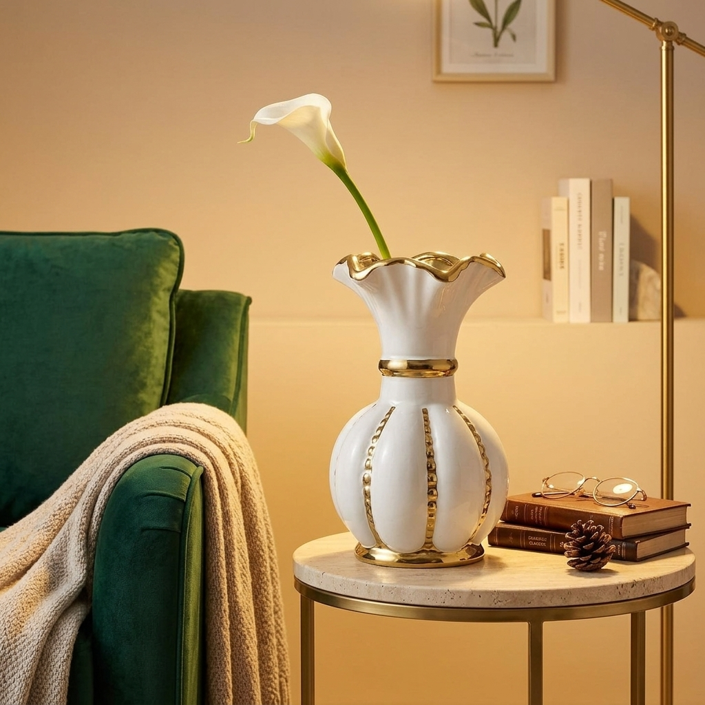 White and gold ceramic vase with a single calla lily on a side table in a reading nook