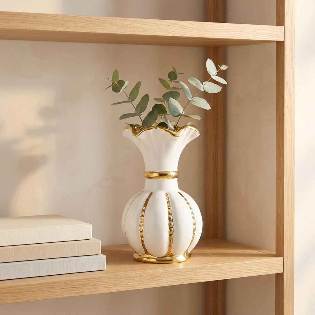 White and gold ceramic vase with eucalyptus sprigs styled on an open wooden shelf