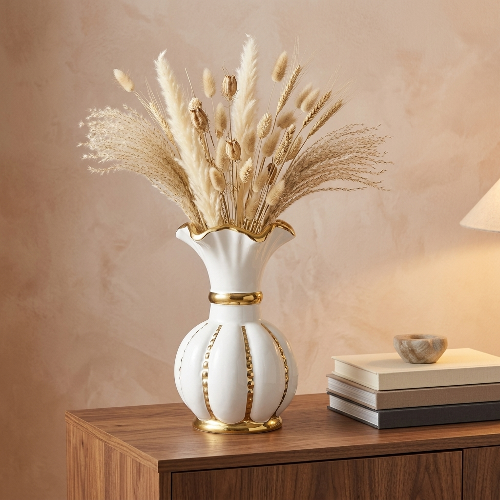 White and gold ceramic vase holding dried pampas grasses on a wooden dining sideboard