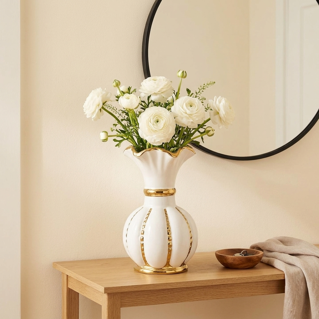 White and gold ceramic vase holding white ranunculus on an entryway console below a mirror