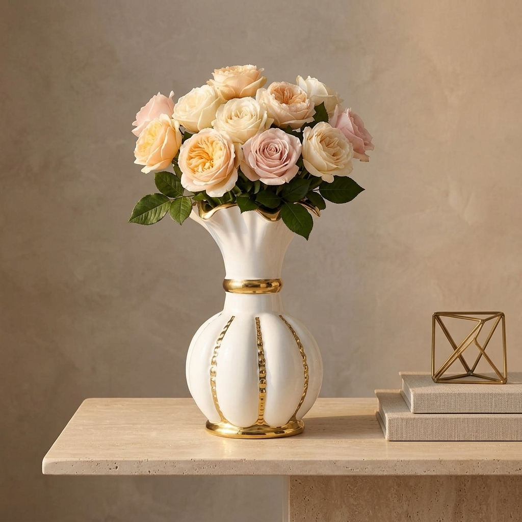 White ceramic vase with gold fluted rim and gold stripes holding garden roses on a console table