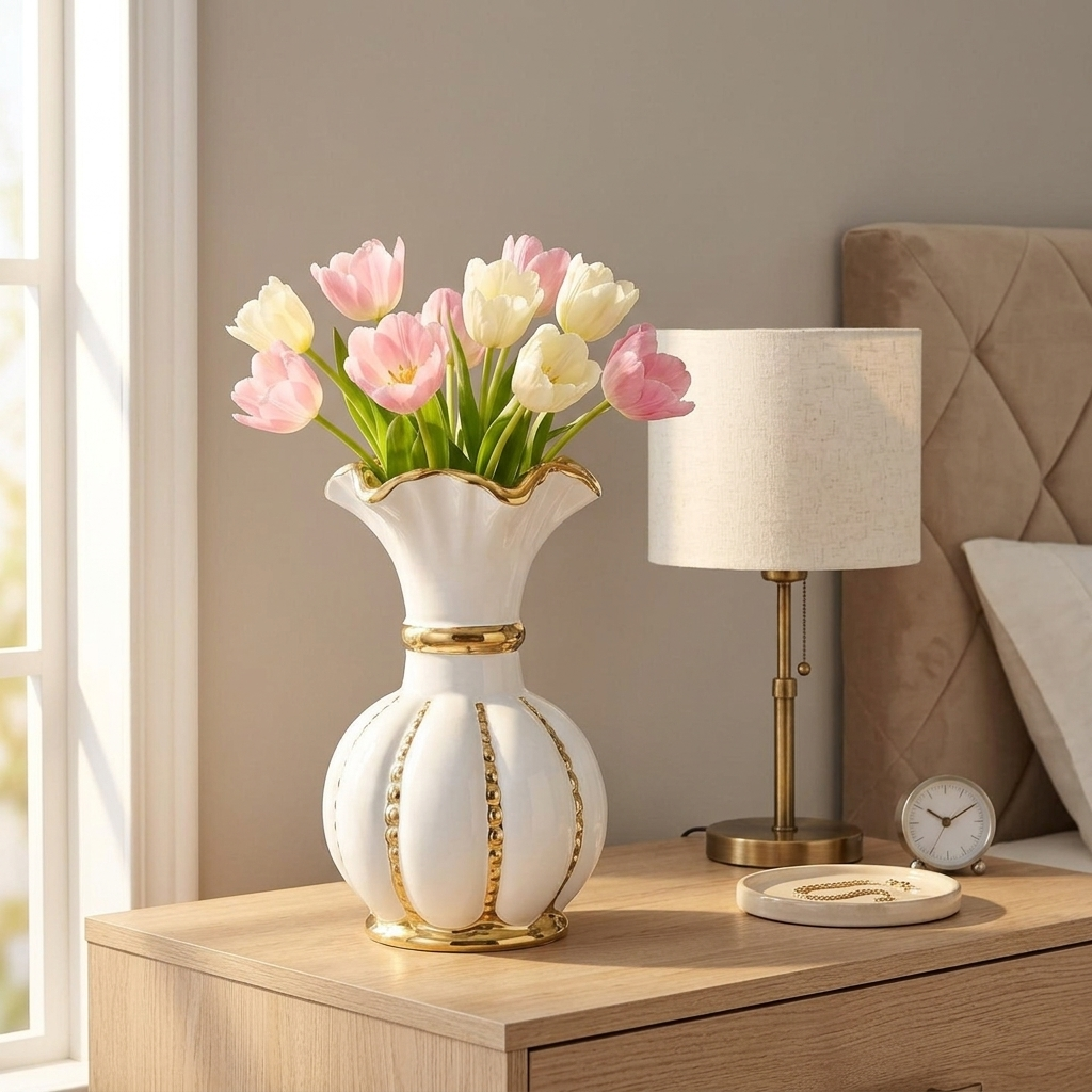 White and gold ceramic vase holding pink and white tulips on a bedroom dresser