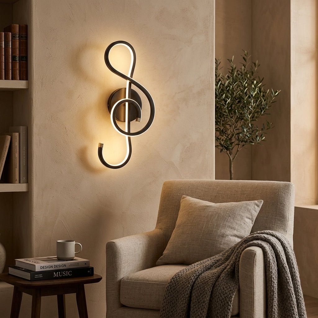 Nordic Music-Note LED Wall Sconce in black beside a reading chair