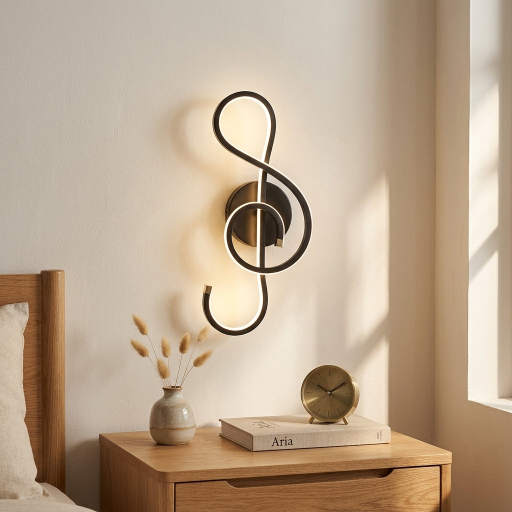 Nordic Music-Note LED Wall Sconce in black above a bedside nightstand