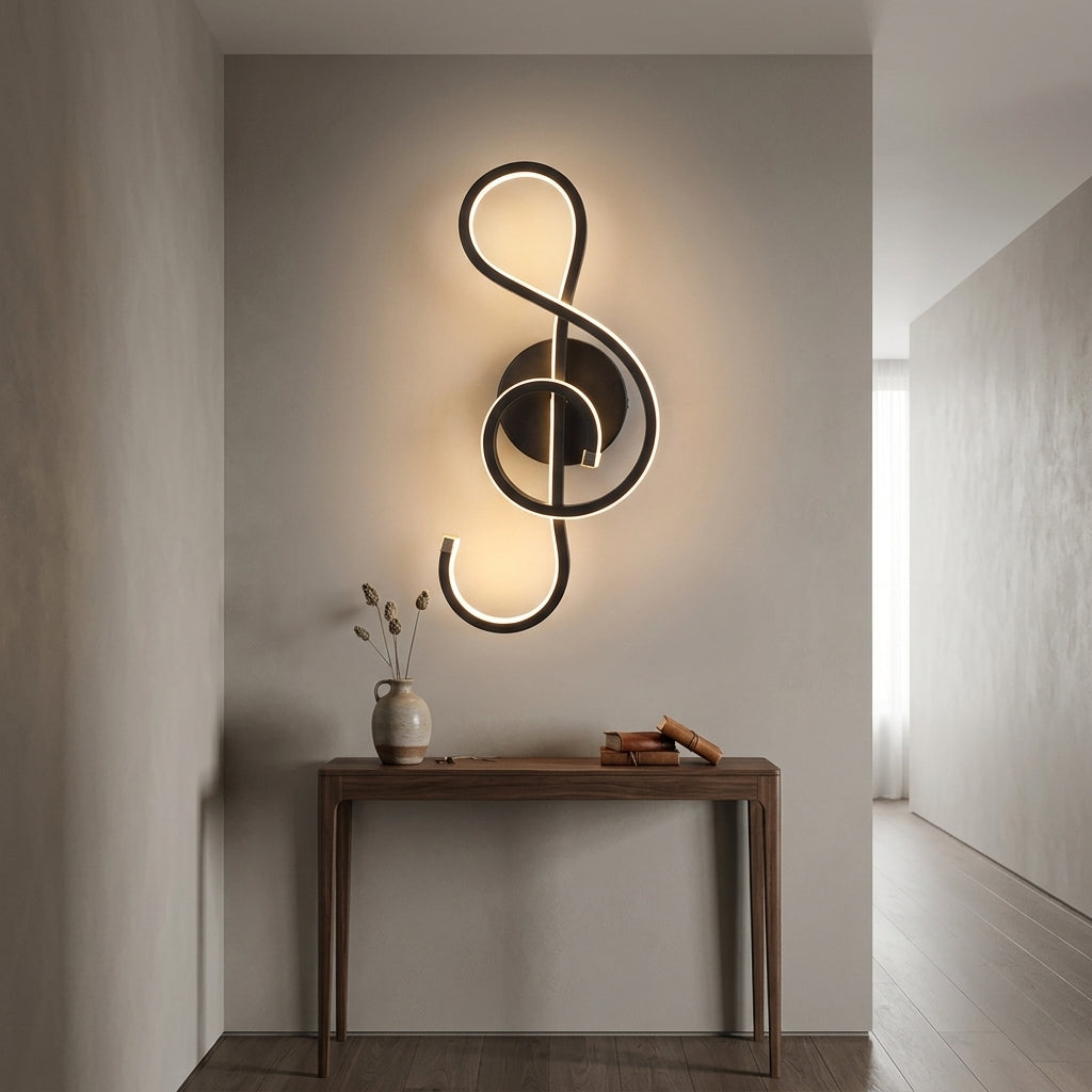 Nordic Music-Note LED Wall Sconce in black on a hallway wall