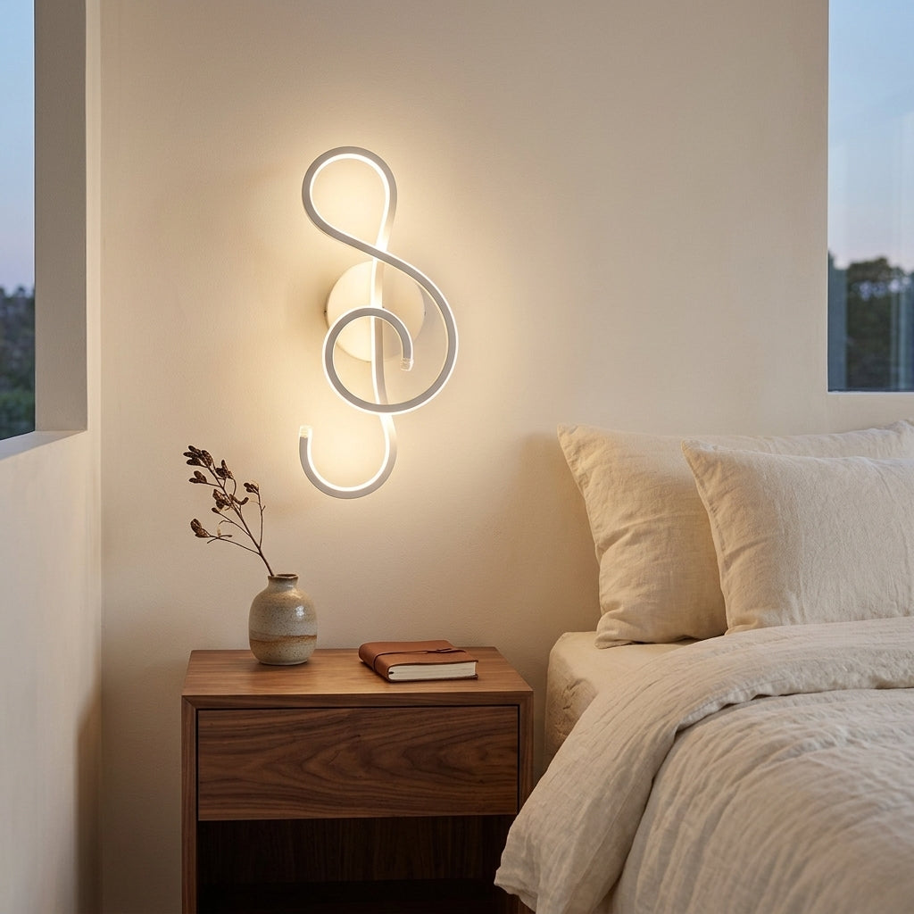Nordic Music-Note LED Wall Sconce in white above a bedside nightstand
