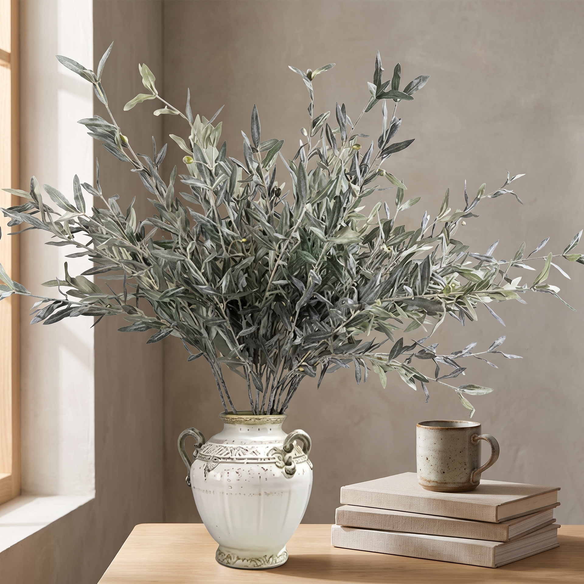 Faux olive branch in a tall glass vase against a warm plaster wall