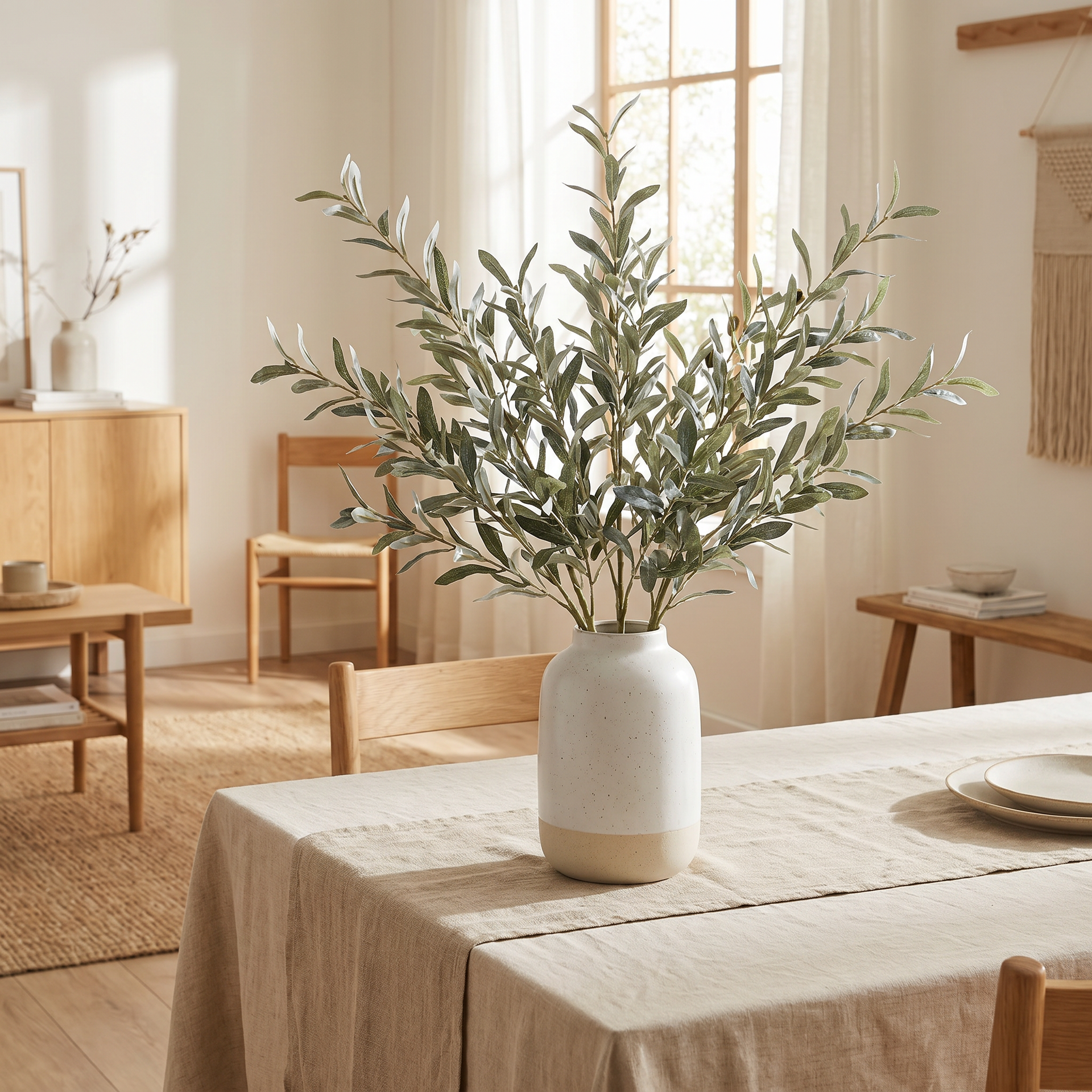 Artificial olive branch styled on a linen-dressed dining table centerpiece