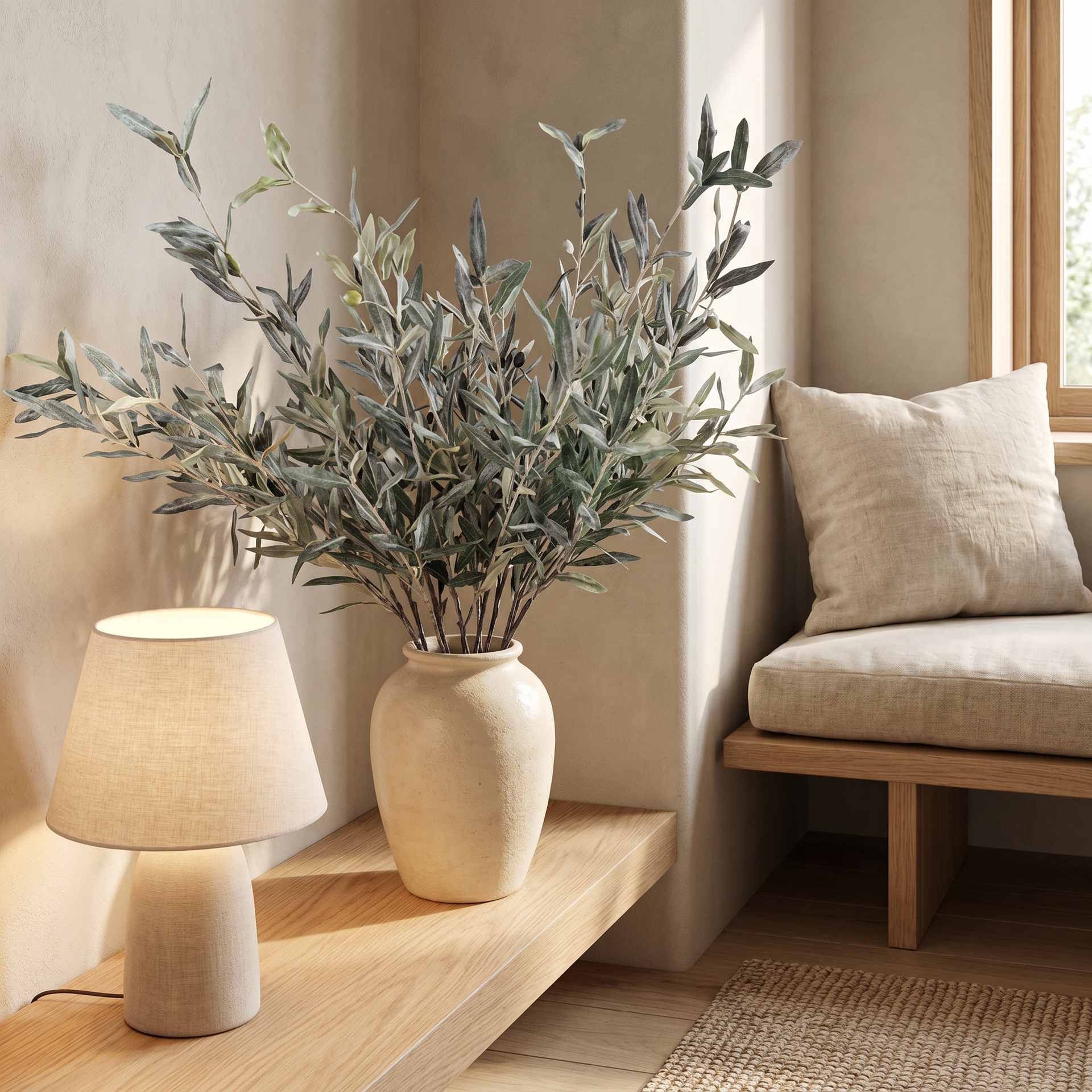 Faux olive stem in a bedroom nook beside a softly lit lamp