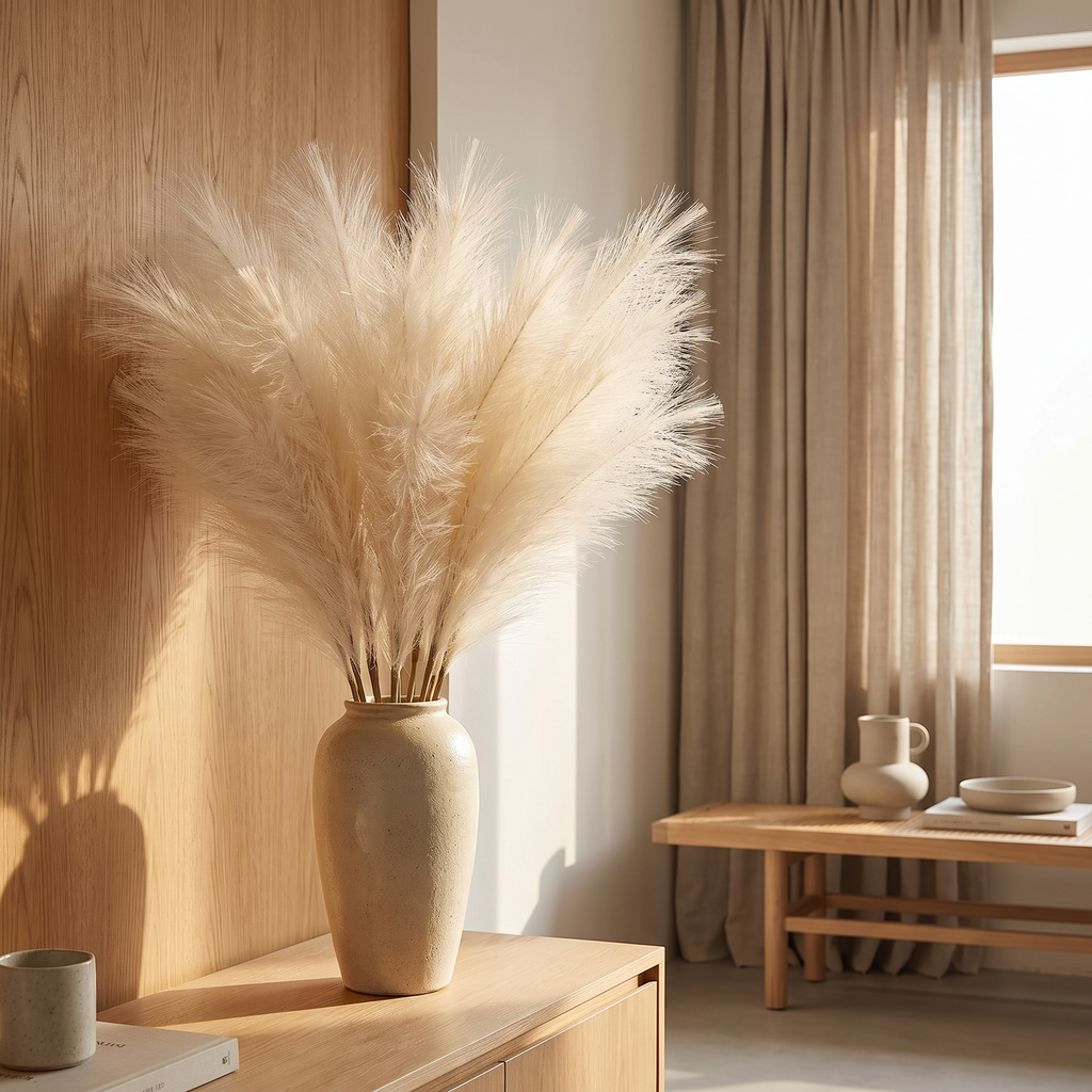 Bundle of fluffy artificial pampas stems against a warm neutral wall