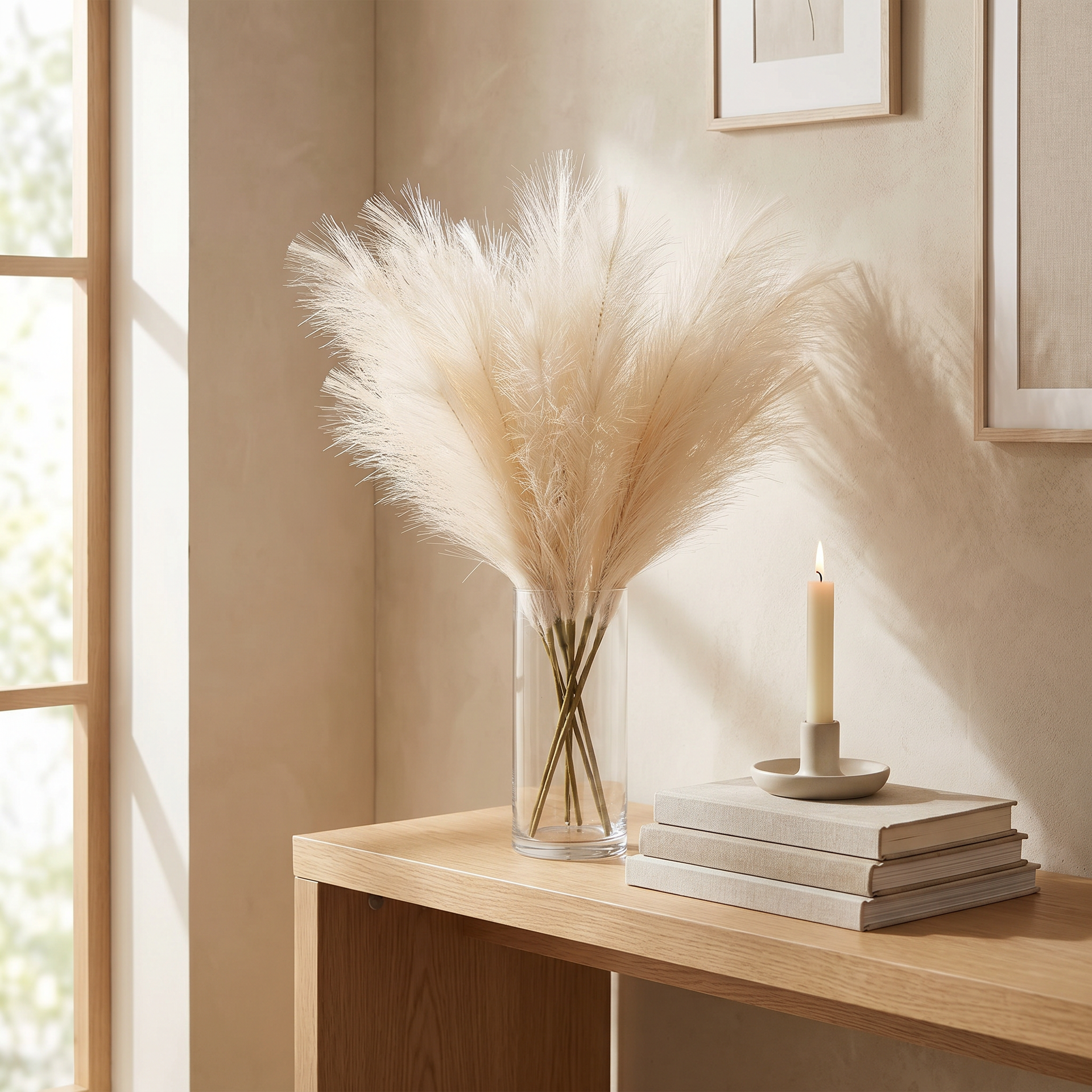 Faux pampas grass in a glass vessel beside stacked books and a candle