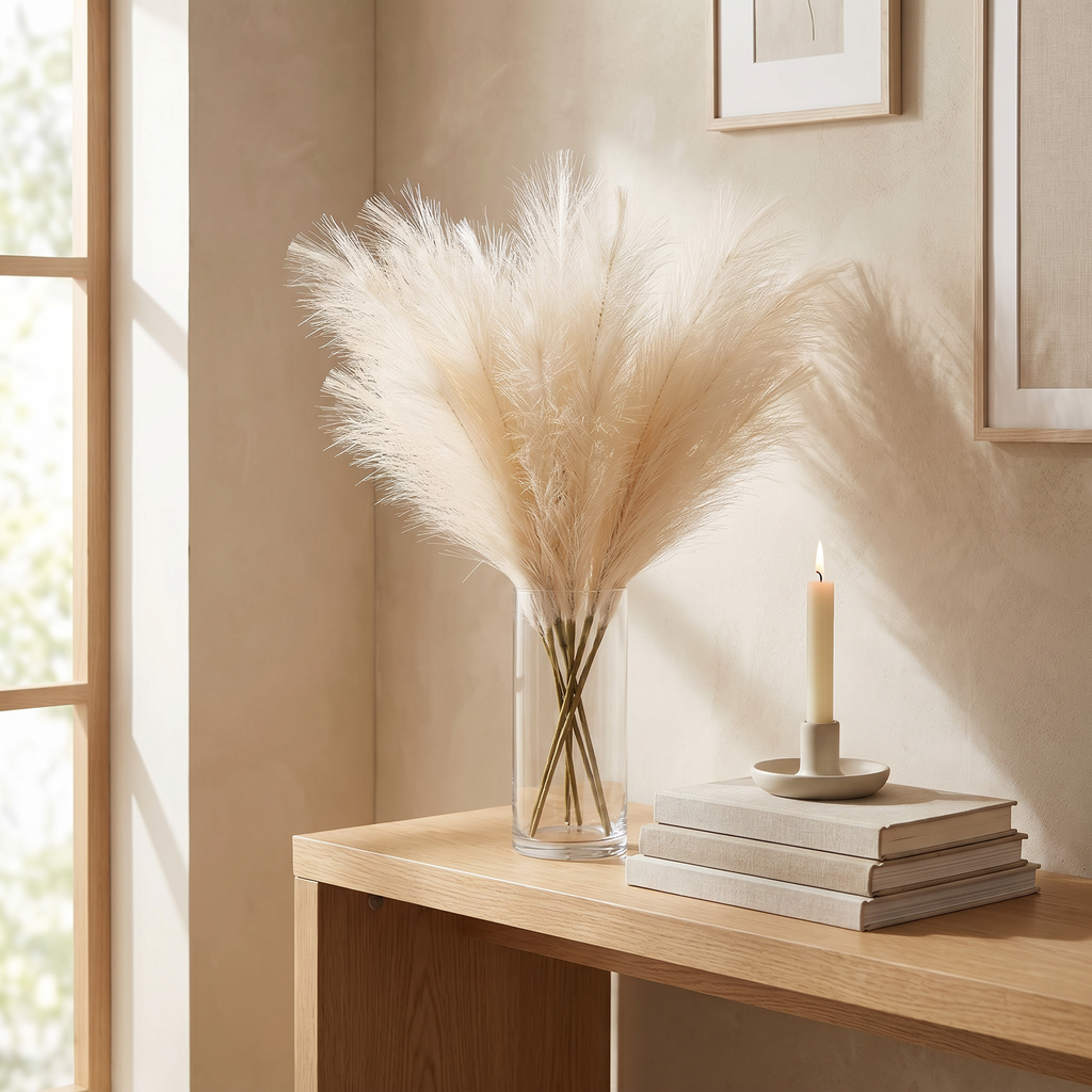 Faux pampas grass in a glass vessel beside stacked books and a candle