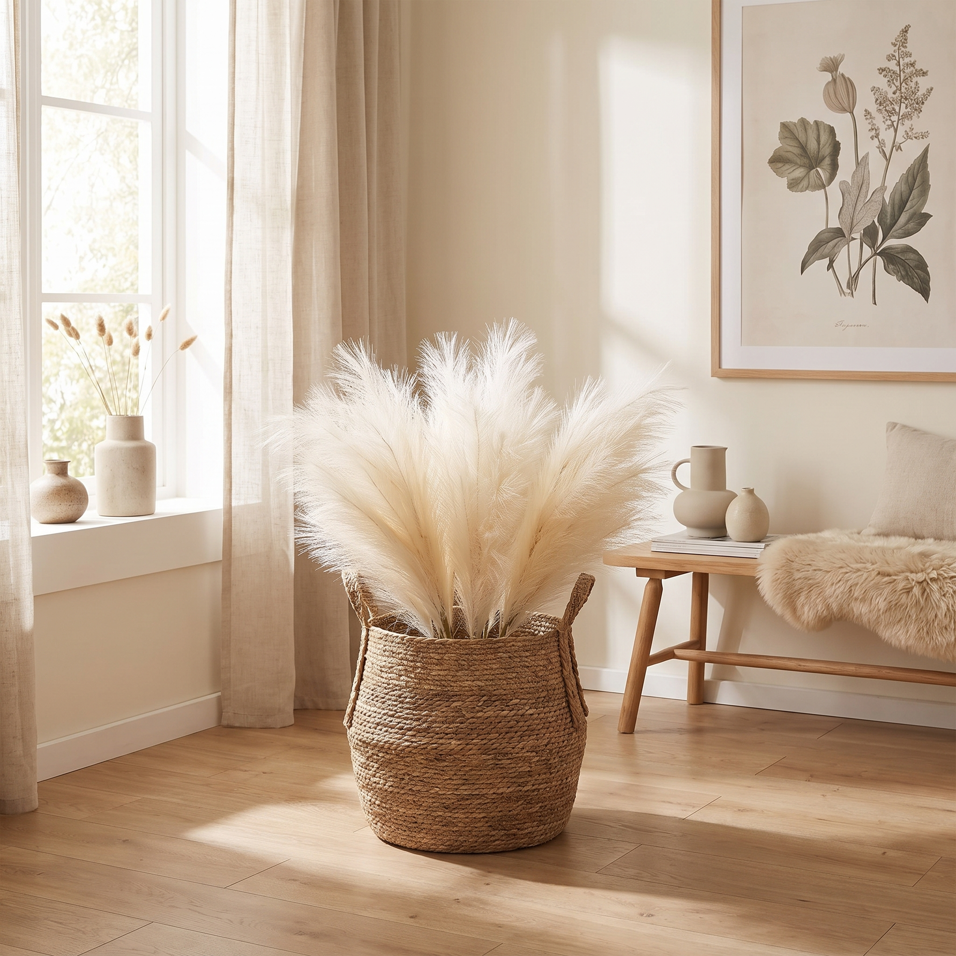 Cream pampas grass styled on a dining table for a calm centerpiece