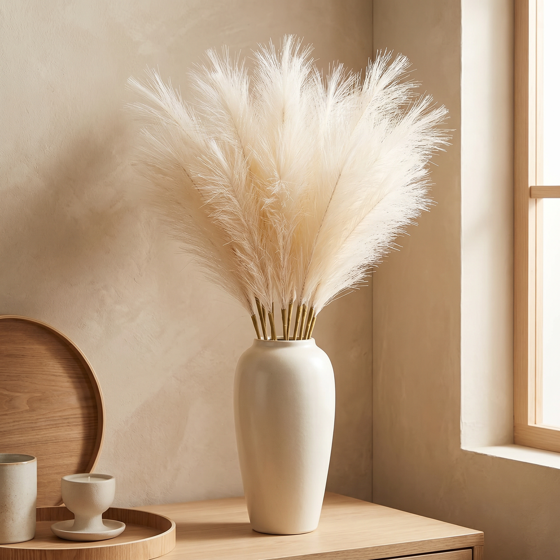 Multiple faux pampas stems gathered loosely in a woven floor basket