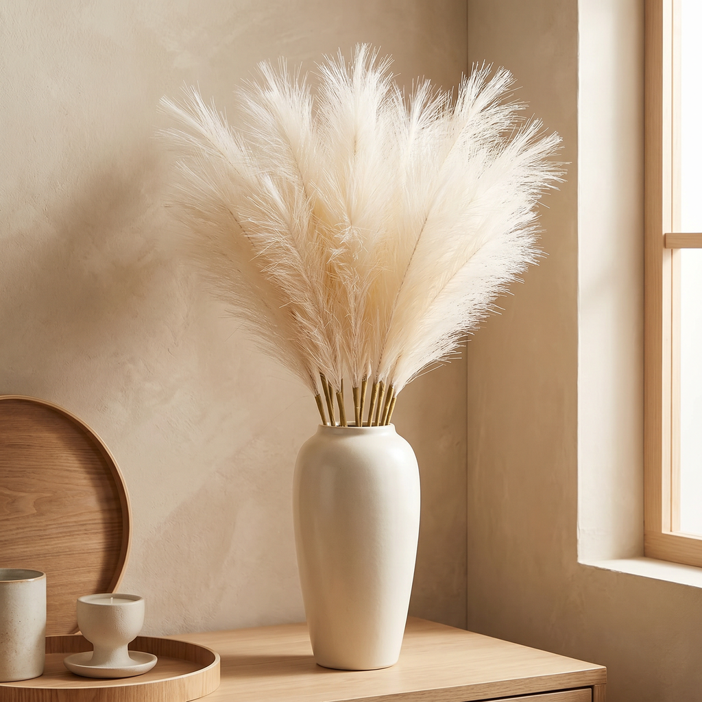 Multiple faux pampas stems gathered loosely in a woven floor basket