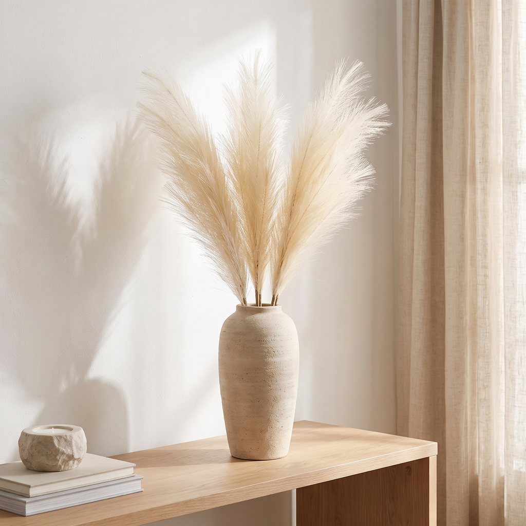 Cream pampas plumes catching soft afternoon light by a window