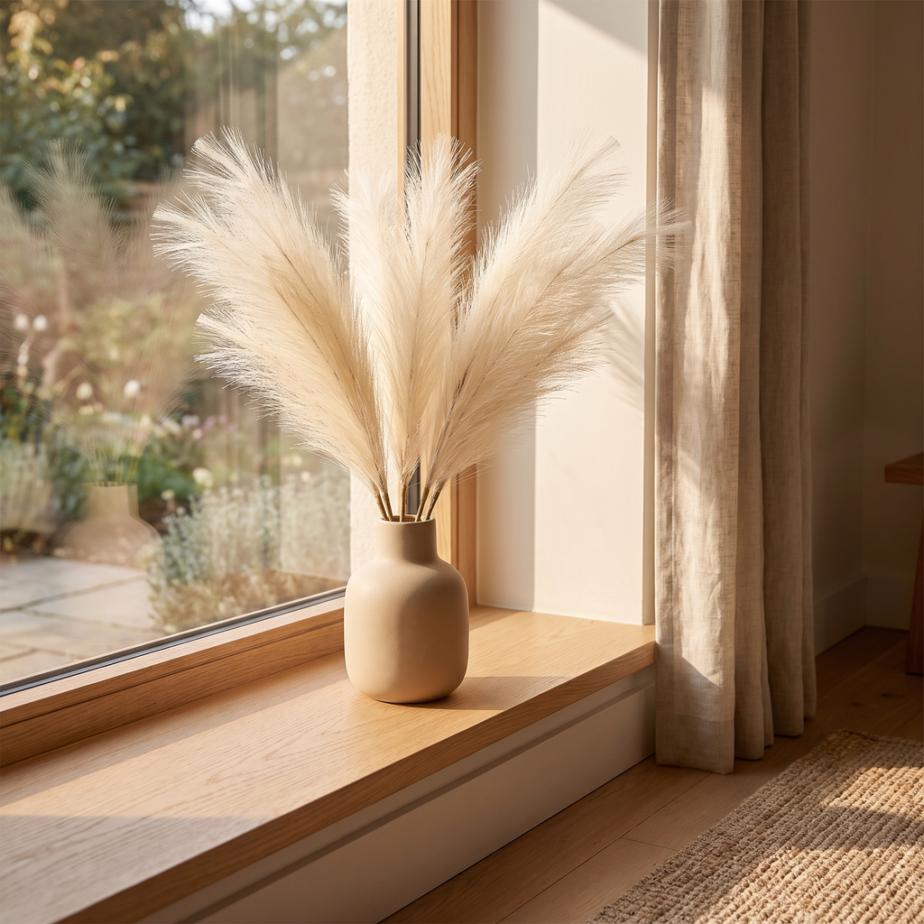 A neutral bundle of artificial pampas grass styled on an open shelf