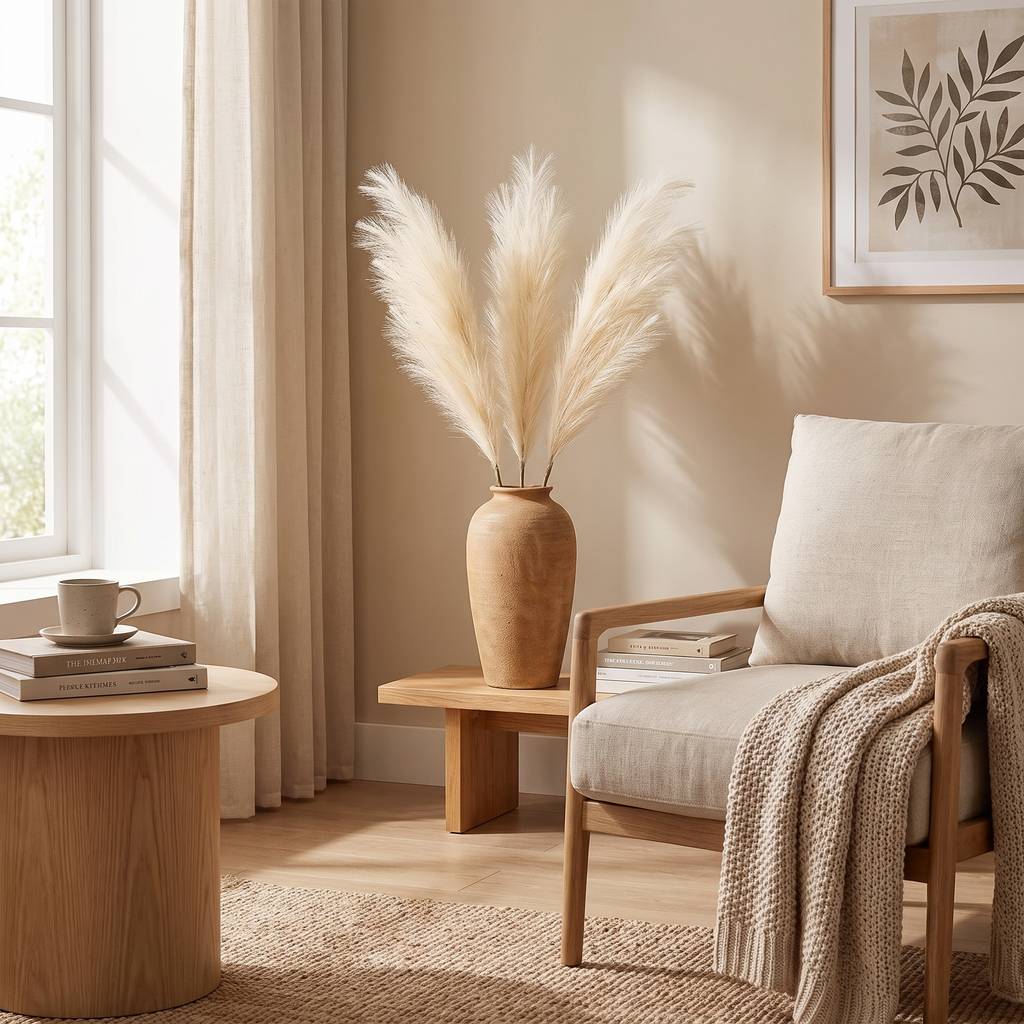 Pampas grass stems in a minimalist Japandi living room corner