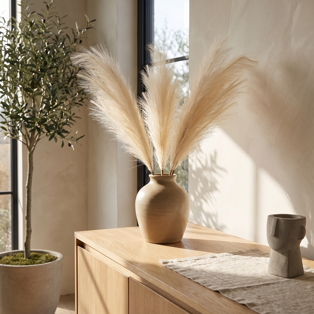 Khaki and cream pampas plumes paired with a stoneware vase on a sideboard