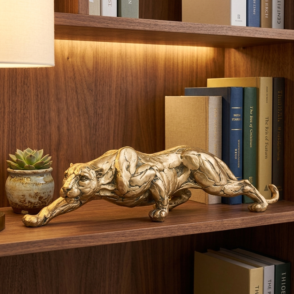 Gold prowling panther resin sculpture styled on a wooden bookshelf