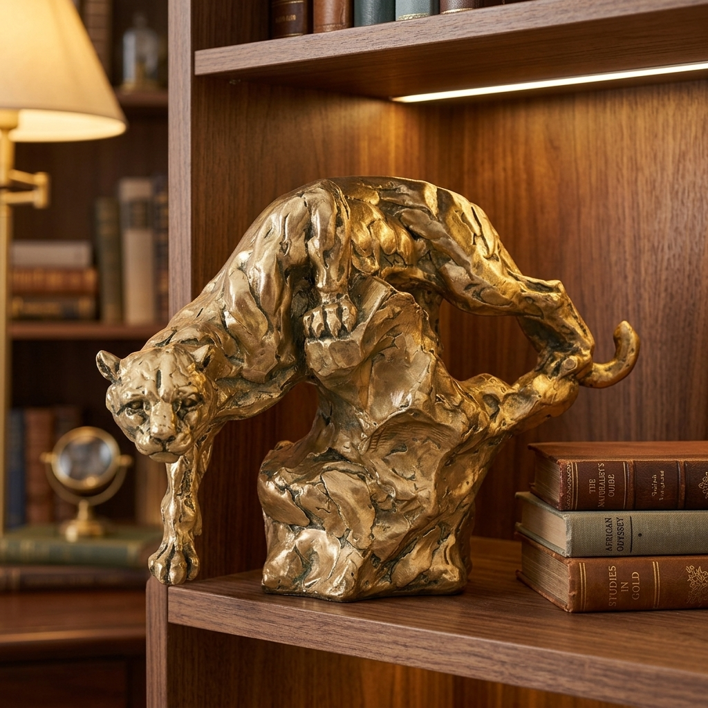 Gold panther resin sculpture in a descending pose on a study bookcase shelf