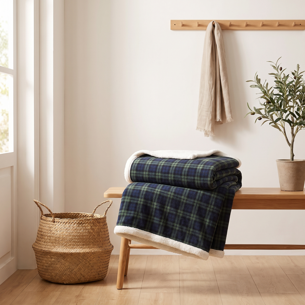 Green-navy tartan plaid throw with sherpa reverse folded on an entryway bench