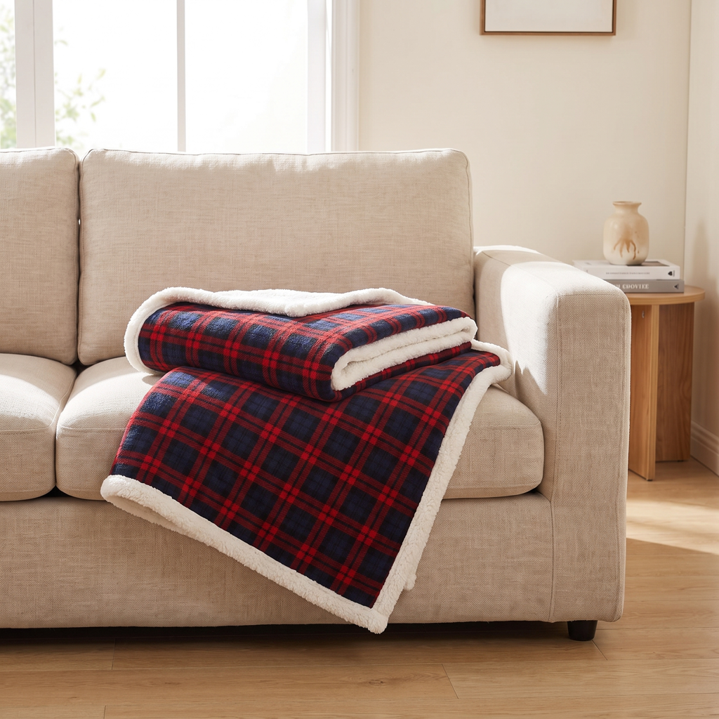 Red-navy tartan plaid throw with sherpa reverse on a sofa