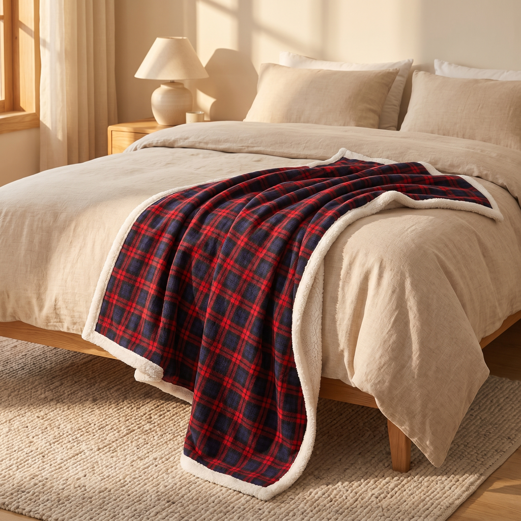 Red-navy tartan plaid throw with sherpa reverse on a bed