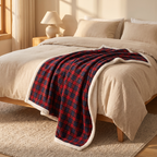 Red-navy tartan plaid throw with sherpa reverse on a bed