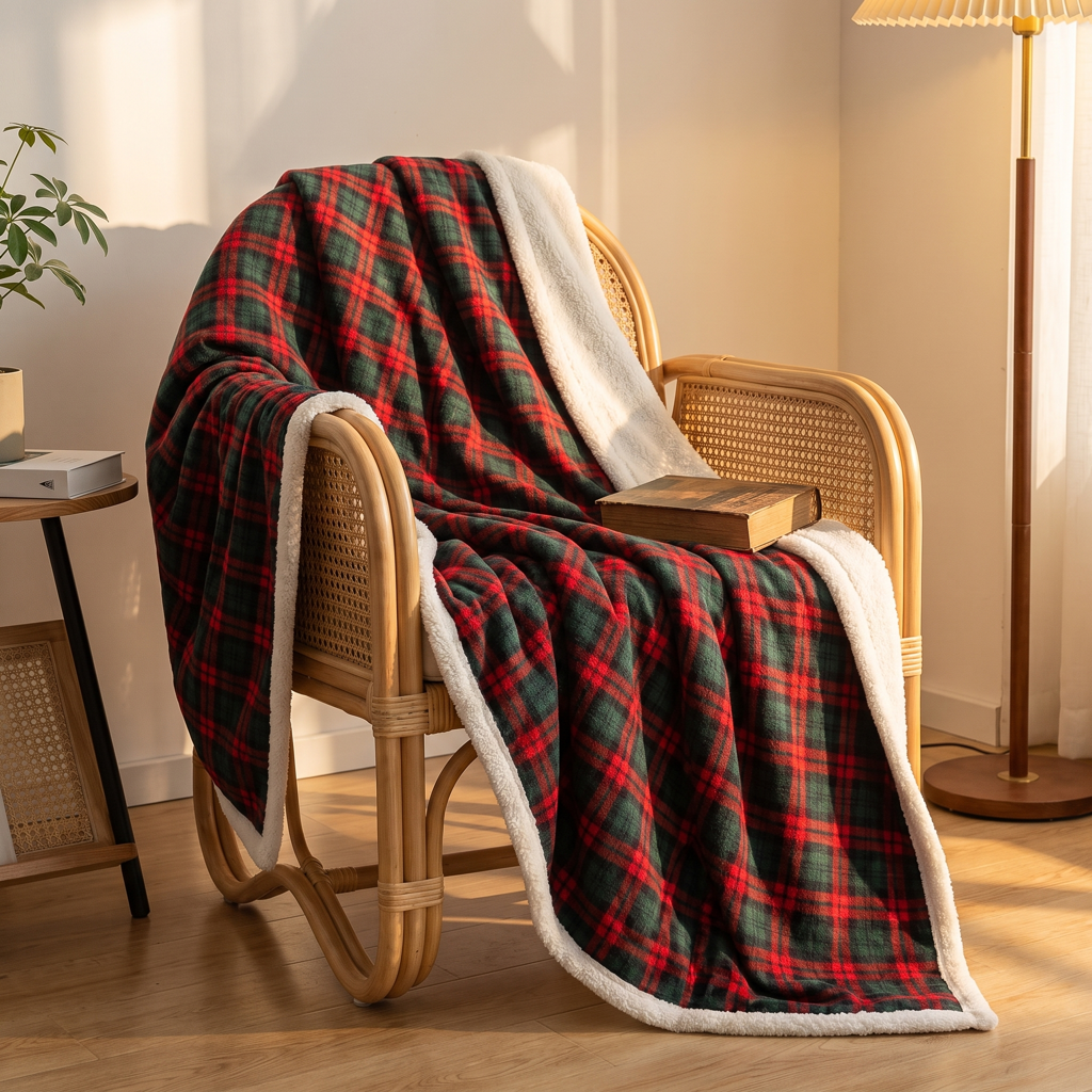 Red-and-green tartan plaid throw with sherpa reverse on a rattan armchair